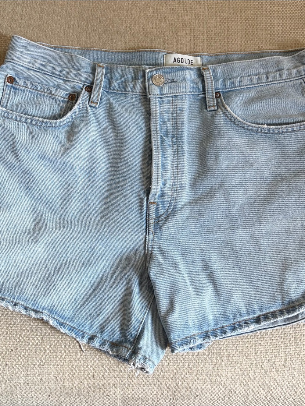 Agolde Light “Twister” Wash High-Rise Long Vintage Wash Denim Shorts Sz 30